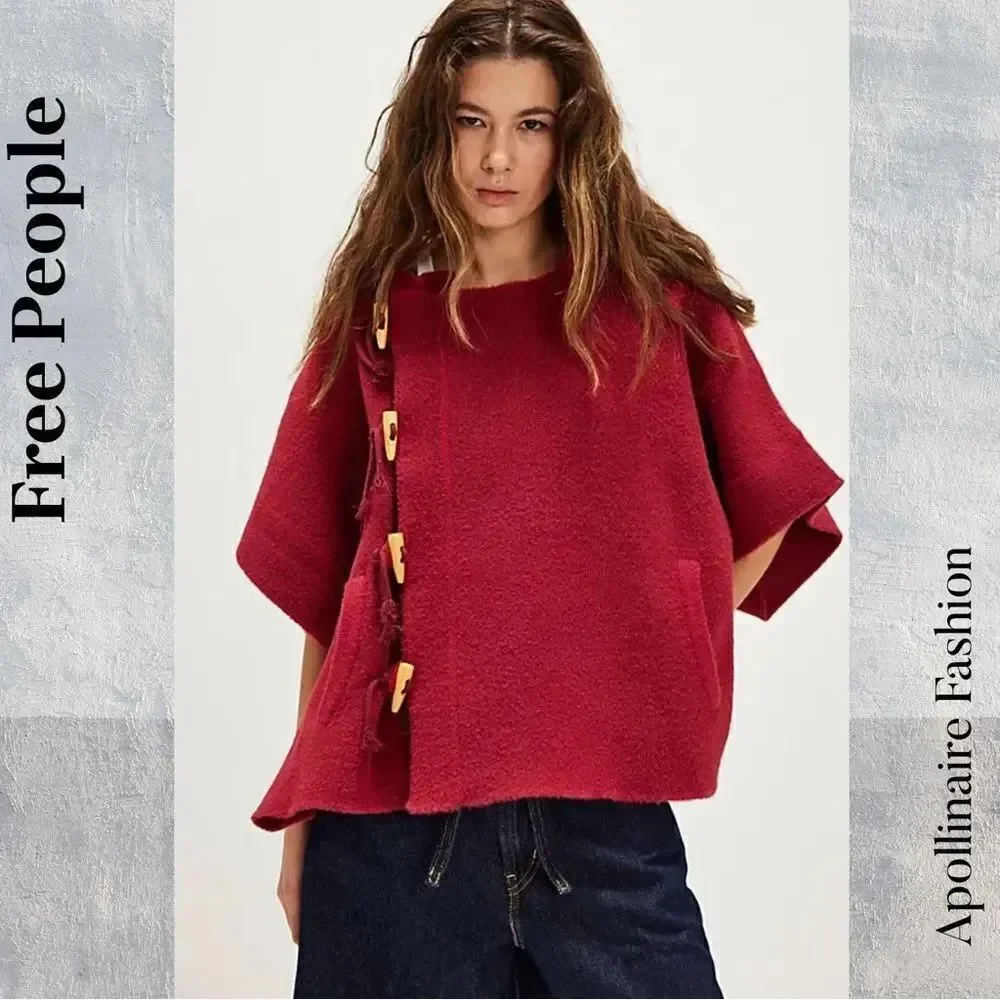 Free People Toggle Poncho In Wine Hooded OS one size